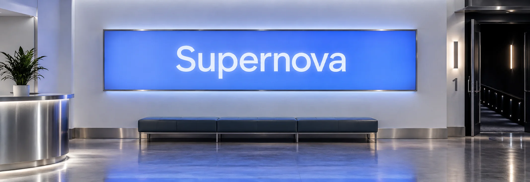 Supernova in white letters on a blue cinema marquee